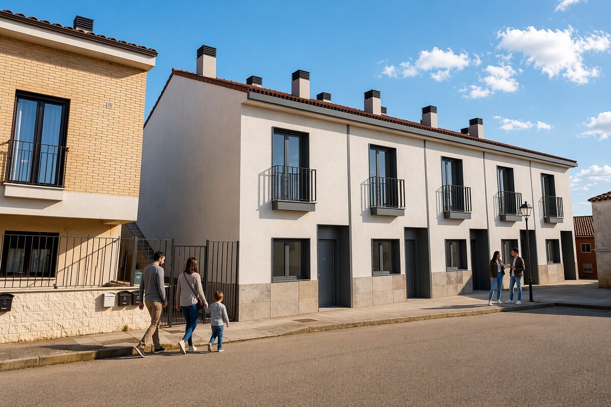 Fachada de los adosados de Los Cañamares en Villadiego