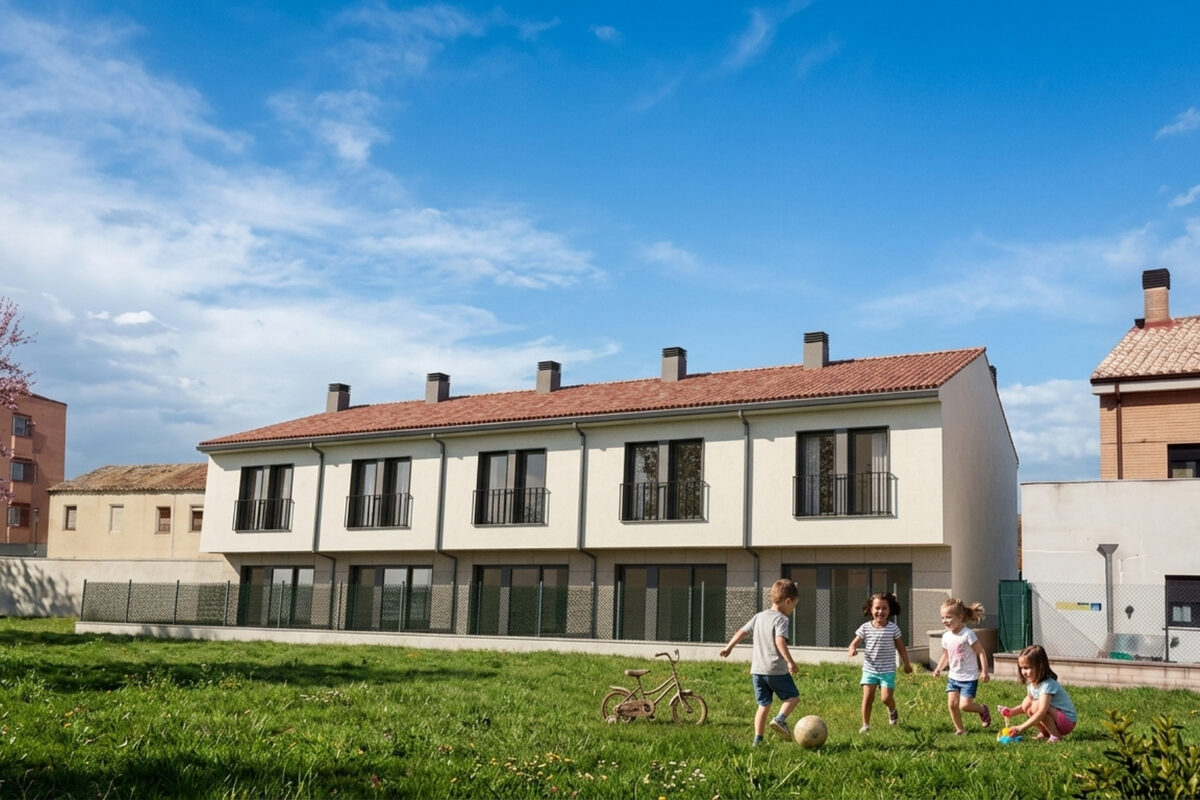 Niños jugando en la zona verde junto a los adosados de Los Cañamares