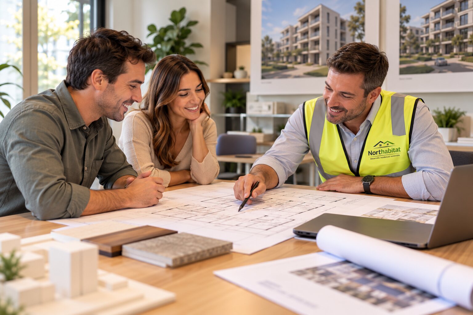 Un técnico de Northabitat revisa los planos de una vivienda con una pareja