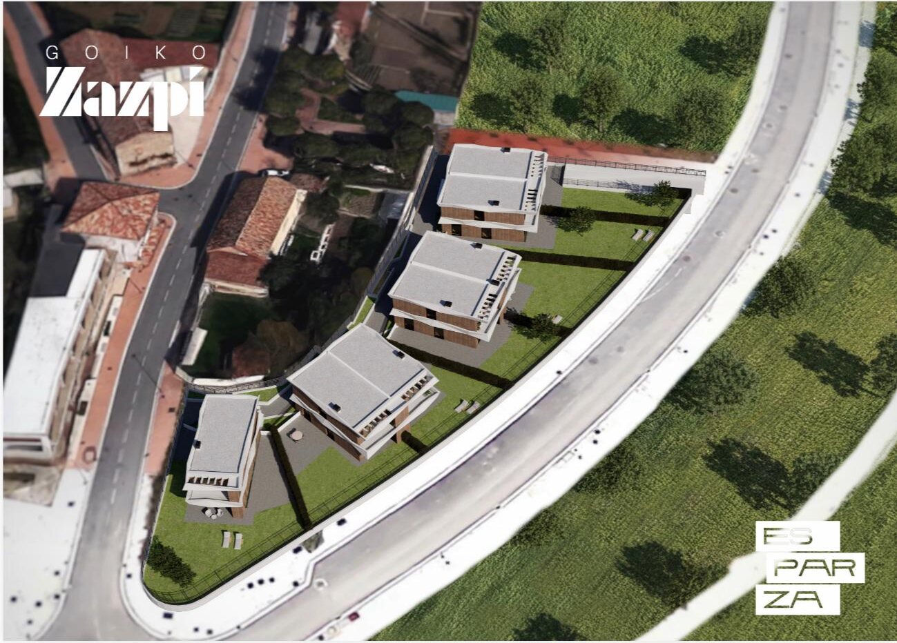 Vista aérea de la parcela de Zazpi con las viviendas y sus jardines