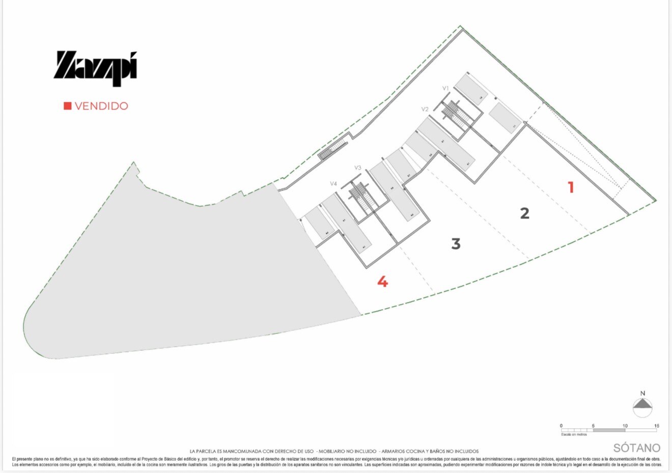 Plano de sótano de Zazpi con los garajes de cada vivienda