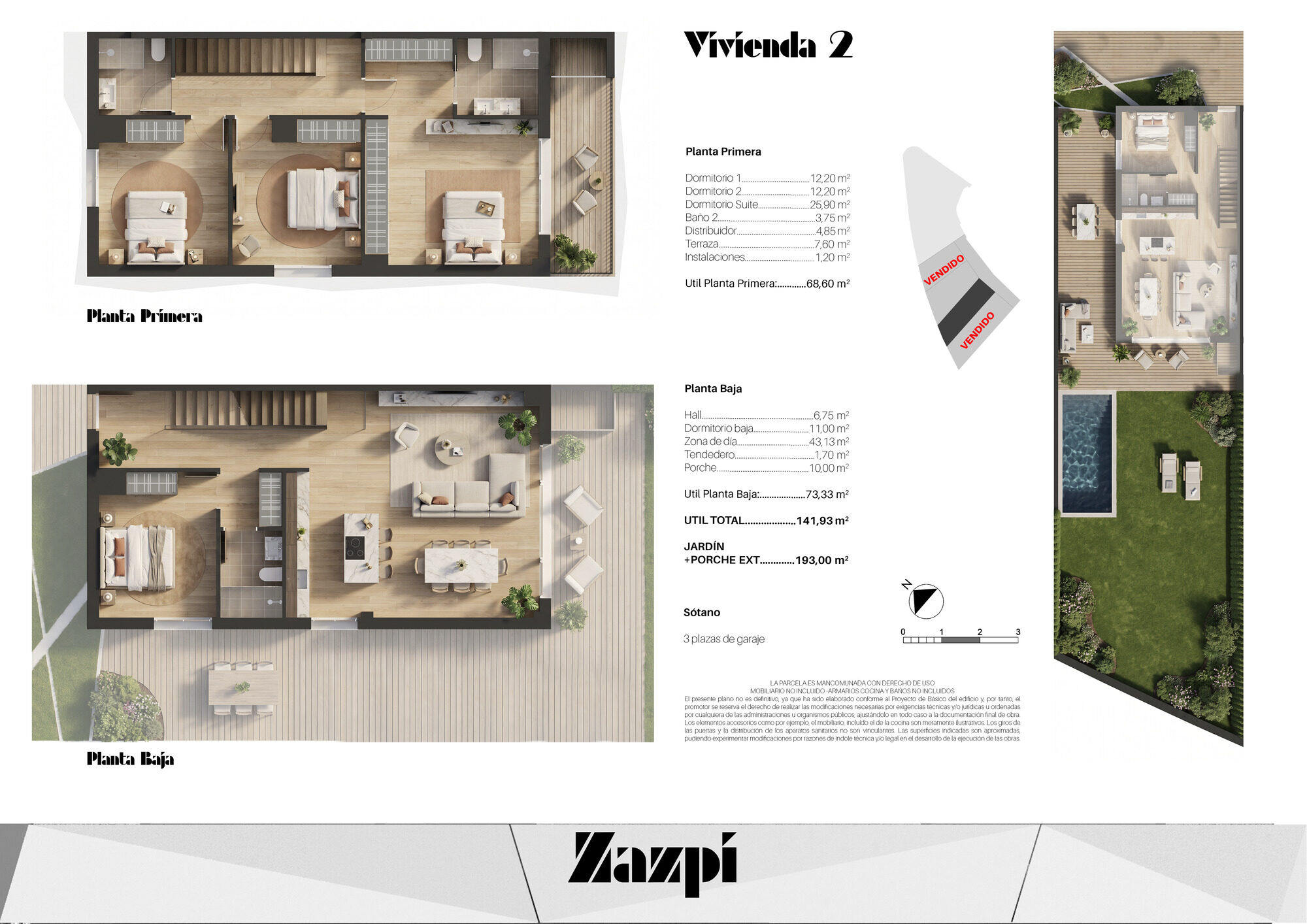 Plano de la vivienda 2 de Zazpi, planta baja y planta primera
